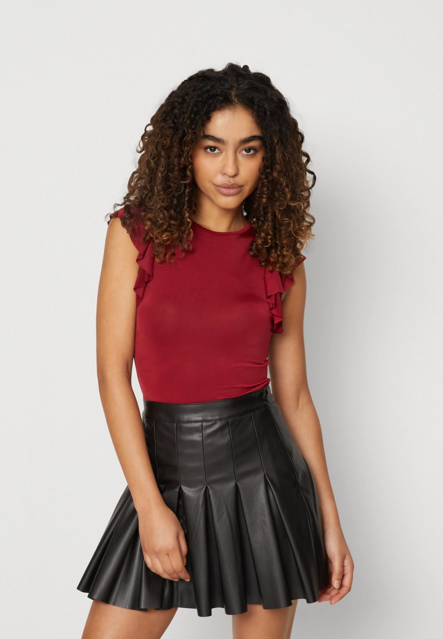 Wal G Ben Ruffle Bodysuit - T-Shirt Print - Burgundy 3 Wal G Ben Ruffle Bodysuit - T-Shirt Print - Burgundy