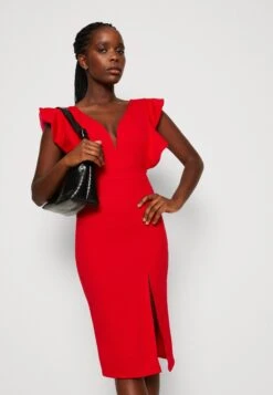 Wal G V Neck Ruffle Sleeve Midi Dress - Jerseyjurk - Red/Fushia -Fashion Verkoop 2e52c3746fb7449e96ed821a187d5595